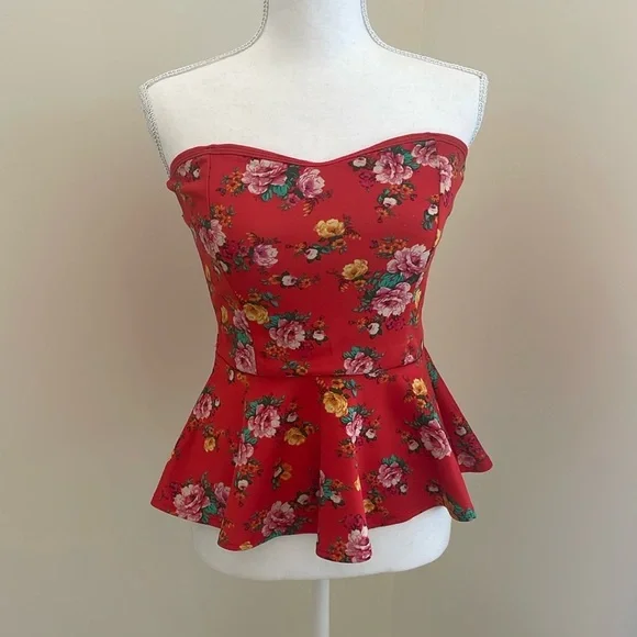 Love J Orange/Red Floral Strapless Peplum Top - Picture 1 of 5
